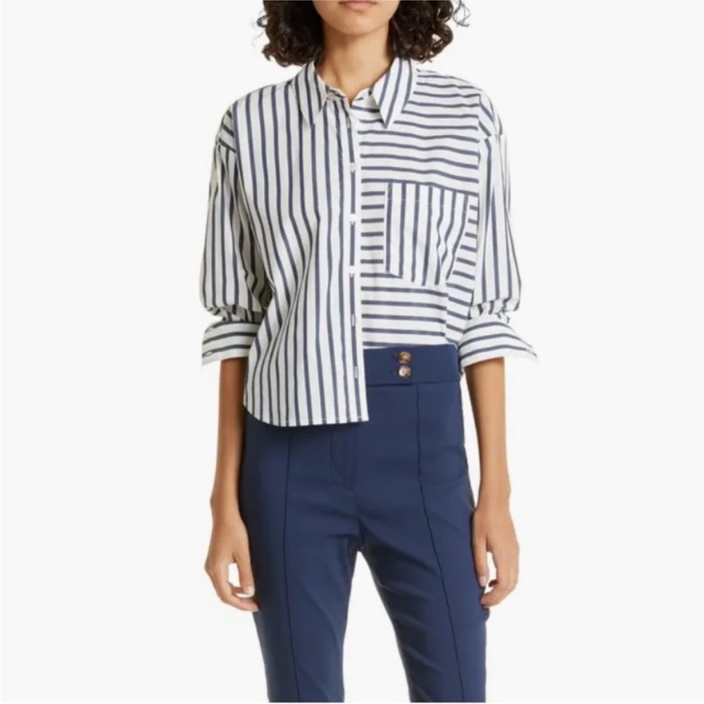 Veronica Beard Aderes Striped Button Down Shirt in Marine/Off-White size 6 EUC - Picture 3 of 10